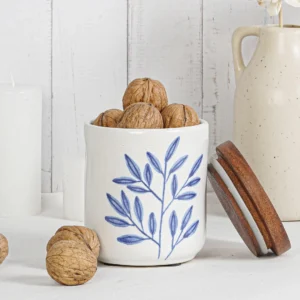 botanica blue handpainted ceramic jar small (500ml) with wooden lid
