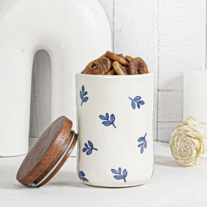 botanica blue handpainted ceramic jar large (750ml) with wooden lid
