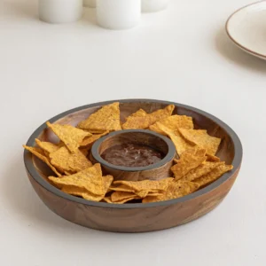 acacia wood round chip and dip platter