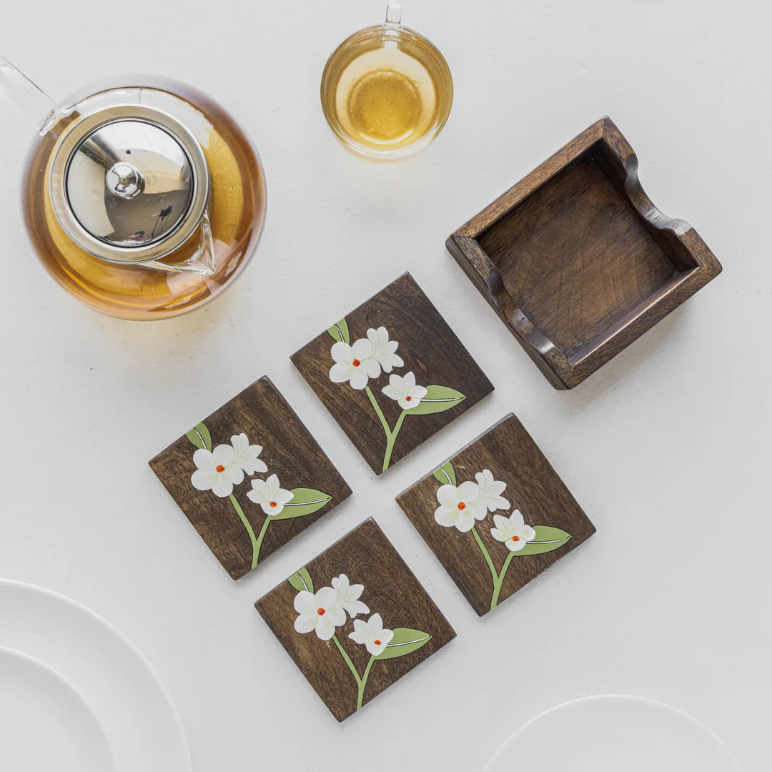 bella mango wood coasters with stand (set of 4) bella mango wood coasters with stand (set of 4)