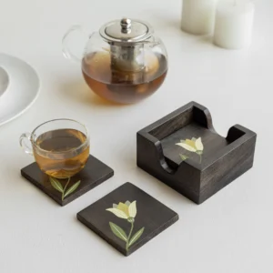 mirra handpainted wooden coasters with stand (set of 4)
