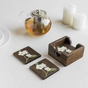 bella mango wood coasters with stand (set of 4)