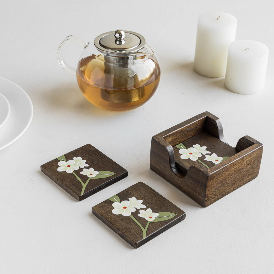 bella mango wood coasters with stand (set of 4) bella mango wood coasters with stand (set of 4)