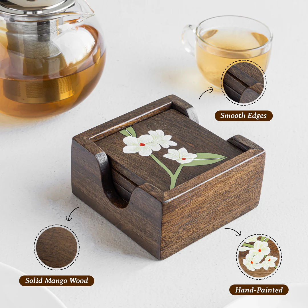 bella mango wood coasters with stand (set of 4) bella mango wood coasters with stand (set of 4)
