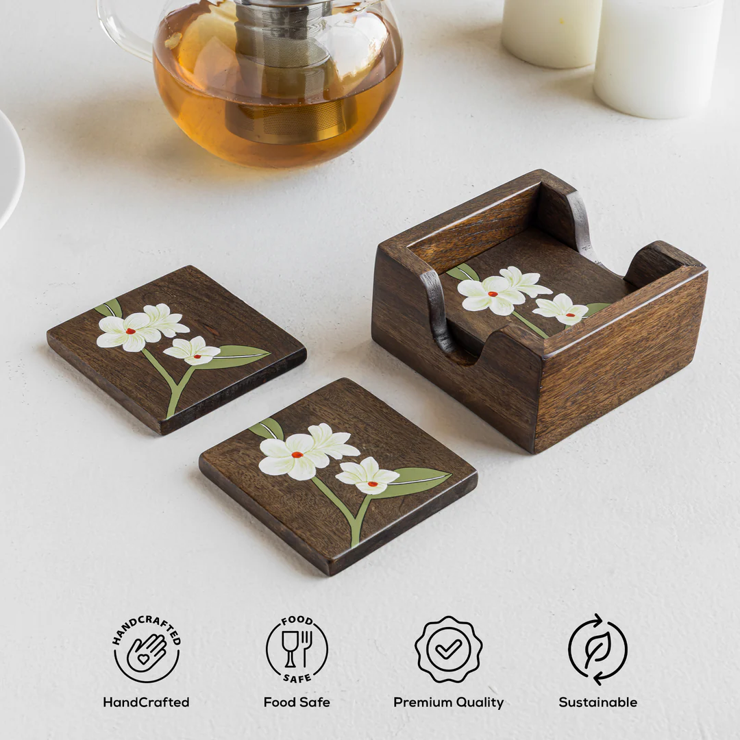 bella mango wood coasters with stand (set of 4) bella mango wood coasters with stand (set of 4)